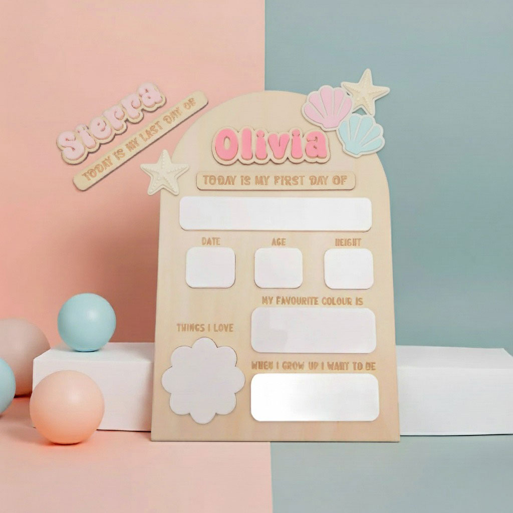 Personalised First/Last Day Milestone Board – Acrylic Names & Flowers