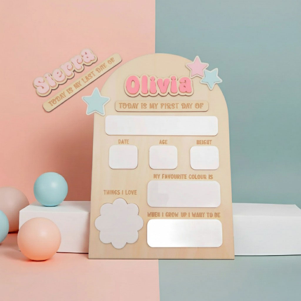 Personalised First/Last Day Milestone Board – Acrylic Names & Flowers
