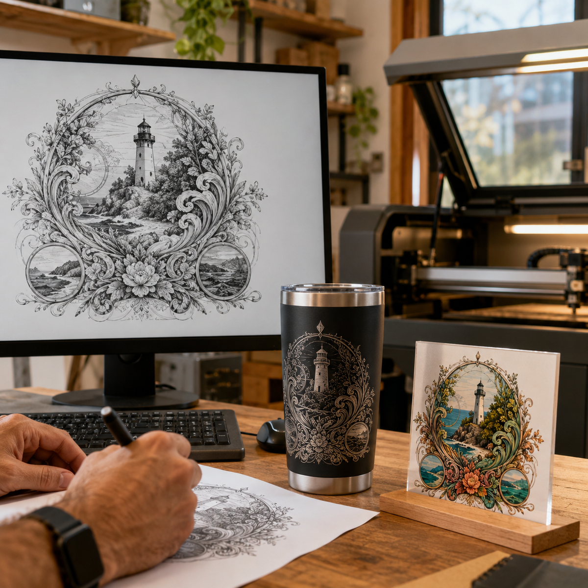 AI-generated concept artwork being adapted for laser engraving and UV printing in a small workshop
