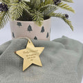 Decorative star tag with engraved message on a green fabric background with a potted plant.