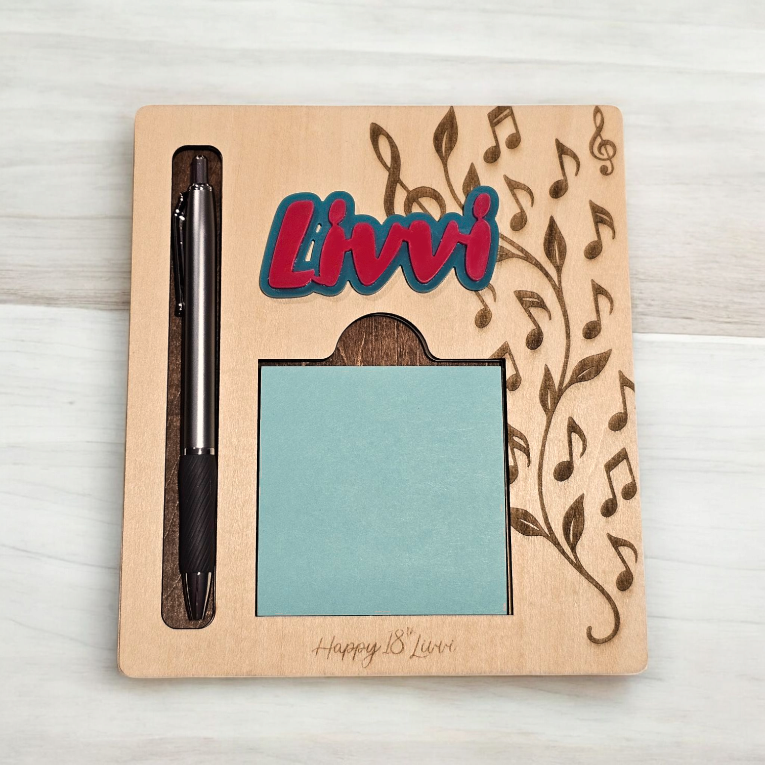 Personalised Wooden Notepad & Pen Holder – Music Vine Design