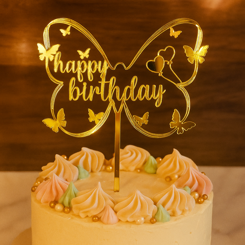 Gold Butterfly Happy Birthday Cake Topper