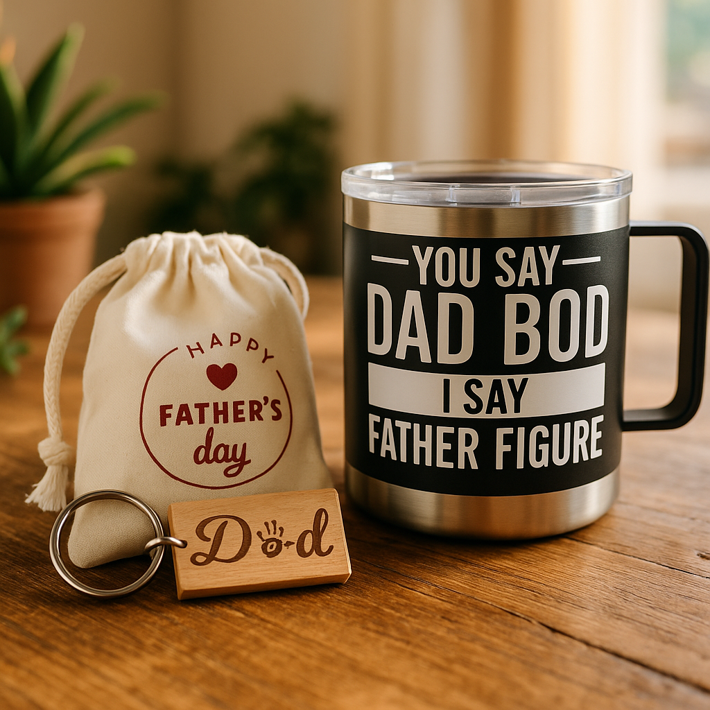 Father’s Day Gift Pack – “Dad Bod” Travel Mug + Wooden Keyring