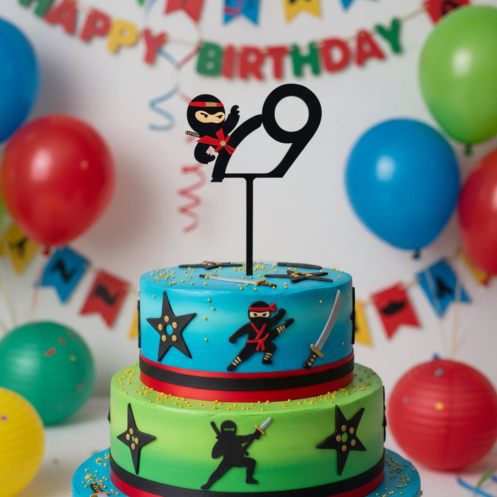 Ninja-themed number 9 cake topper on a white background