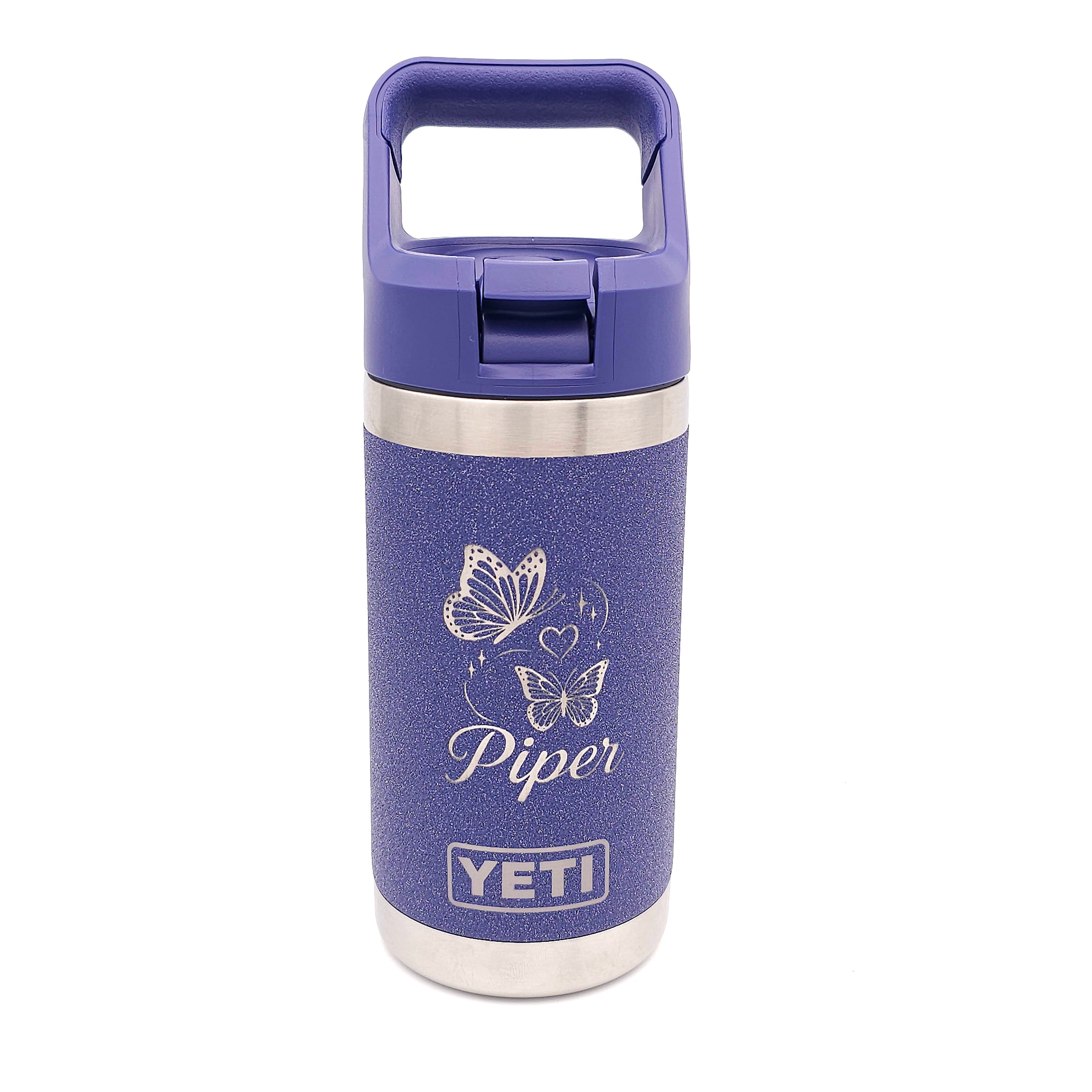 Purple YETI water bottle with butterfly design and 'Piper' text on a white background