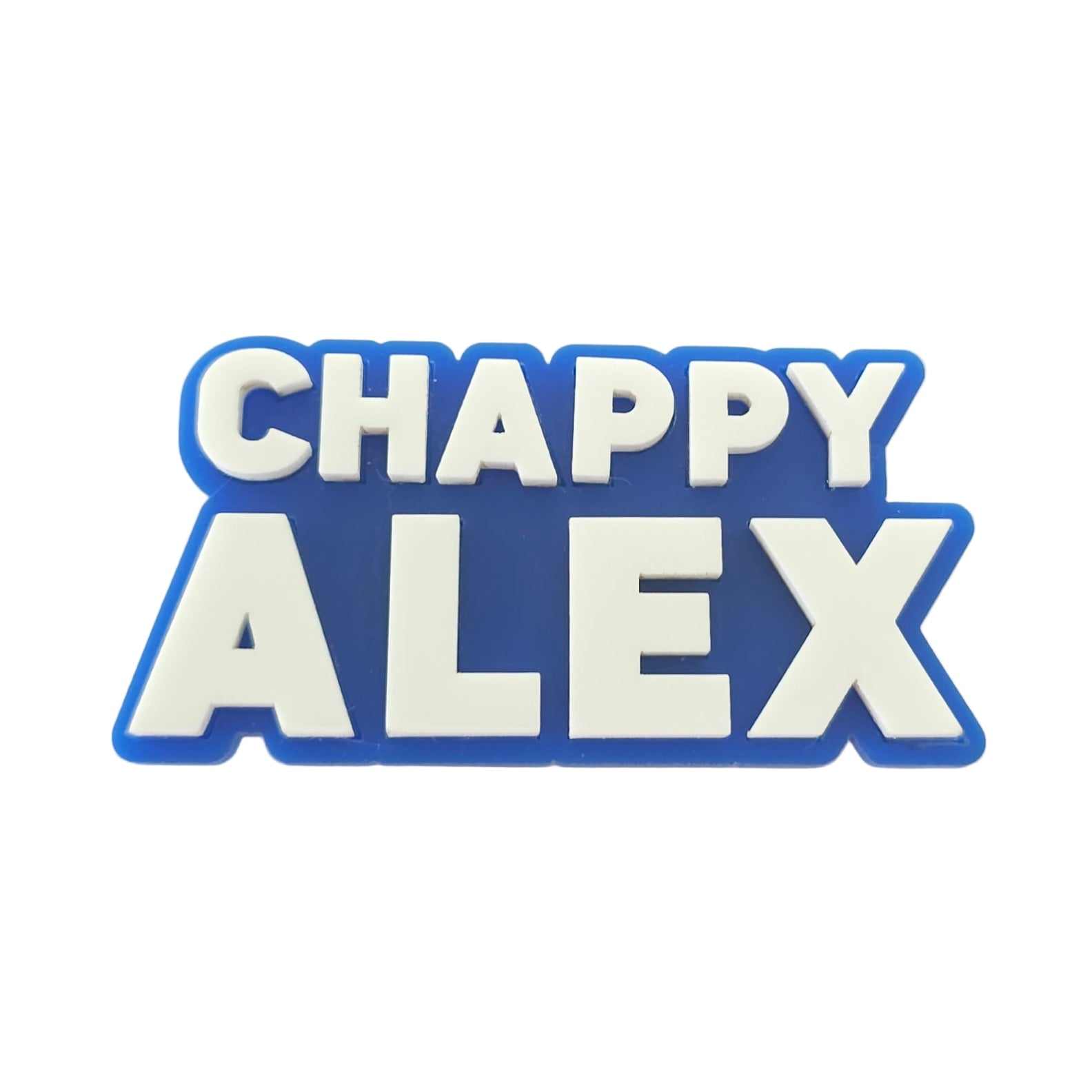 Blue and white decorative item with 'CHAPPY ALEX' text on a light gray background