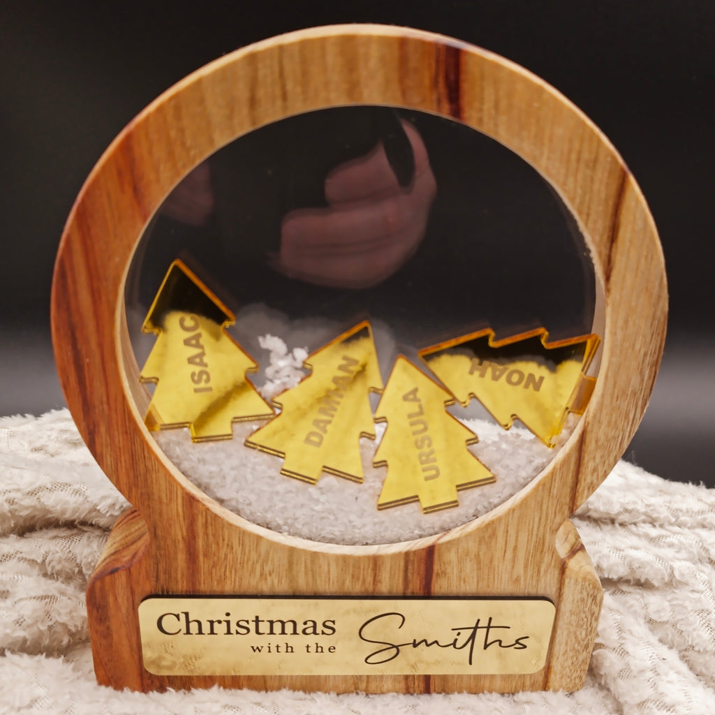 Personalised Family Christmas Snow Globe – Camphor Laurel & Gold Mirror Acrylic