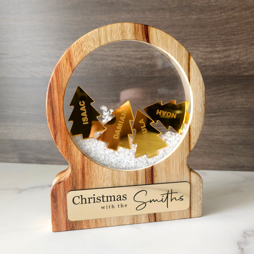 Personalised Family Christmas Snow Globe – Camphor Laurel & Gold Mirror Acrylic