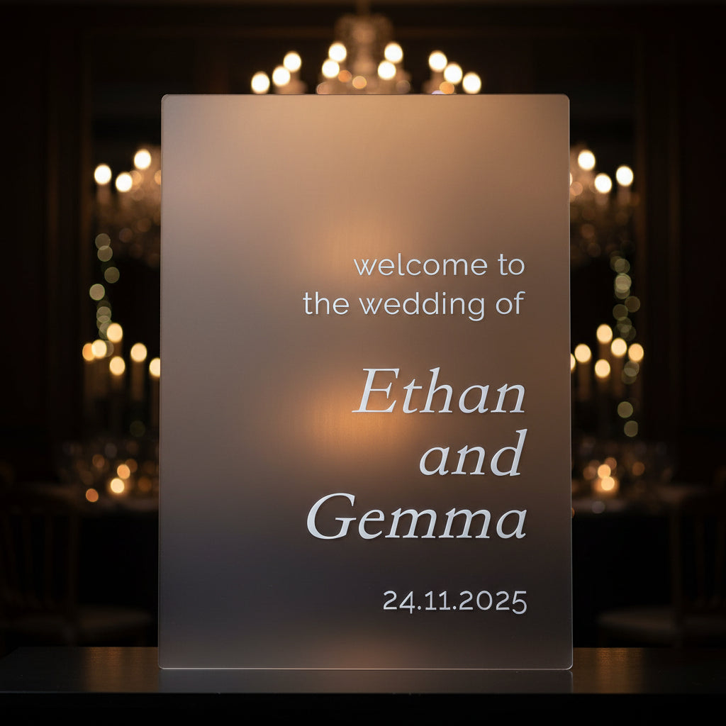 Frosted wedding sign with text 'welcome to the wedding of Ethan and Gemma 24.11.2025' against a dark wooden background.