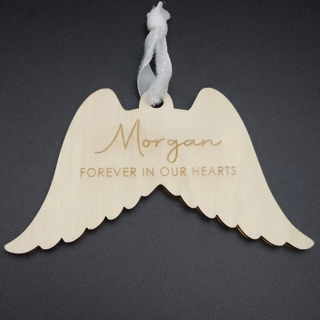 Personalised Memorial Angel Wings Ornament – Gold Mirror Acrylic & Timber