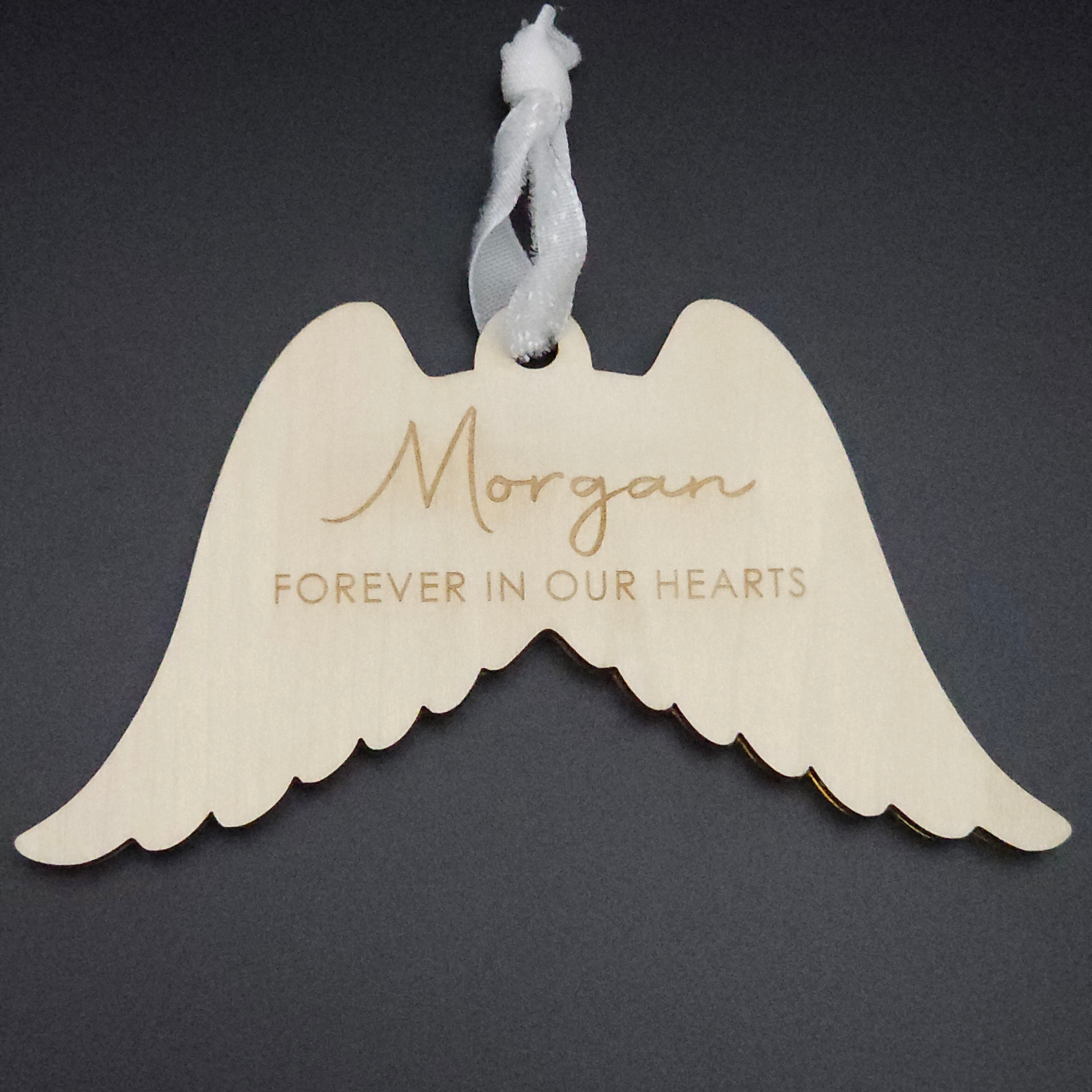 Personalised Memorial Angel Wings Ornament – Gold Mirror Acrylic & Timber