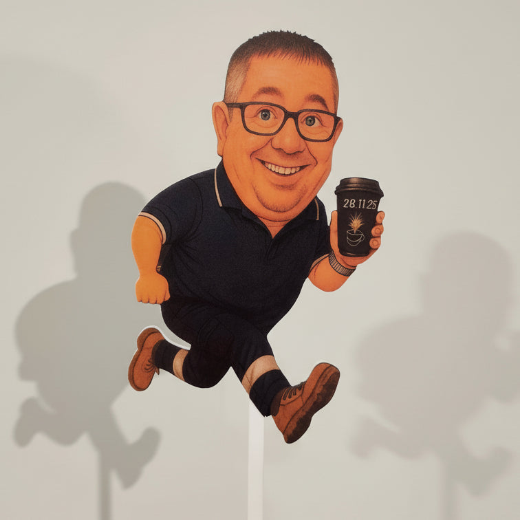 Cartoon character on a stick holding a coffee cup against a white background