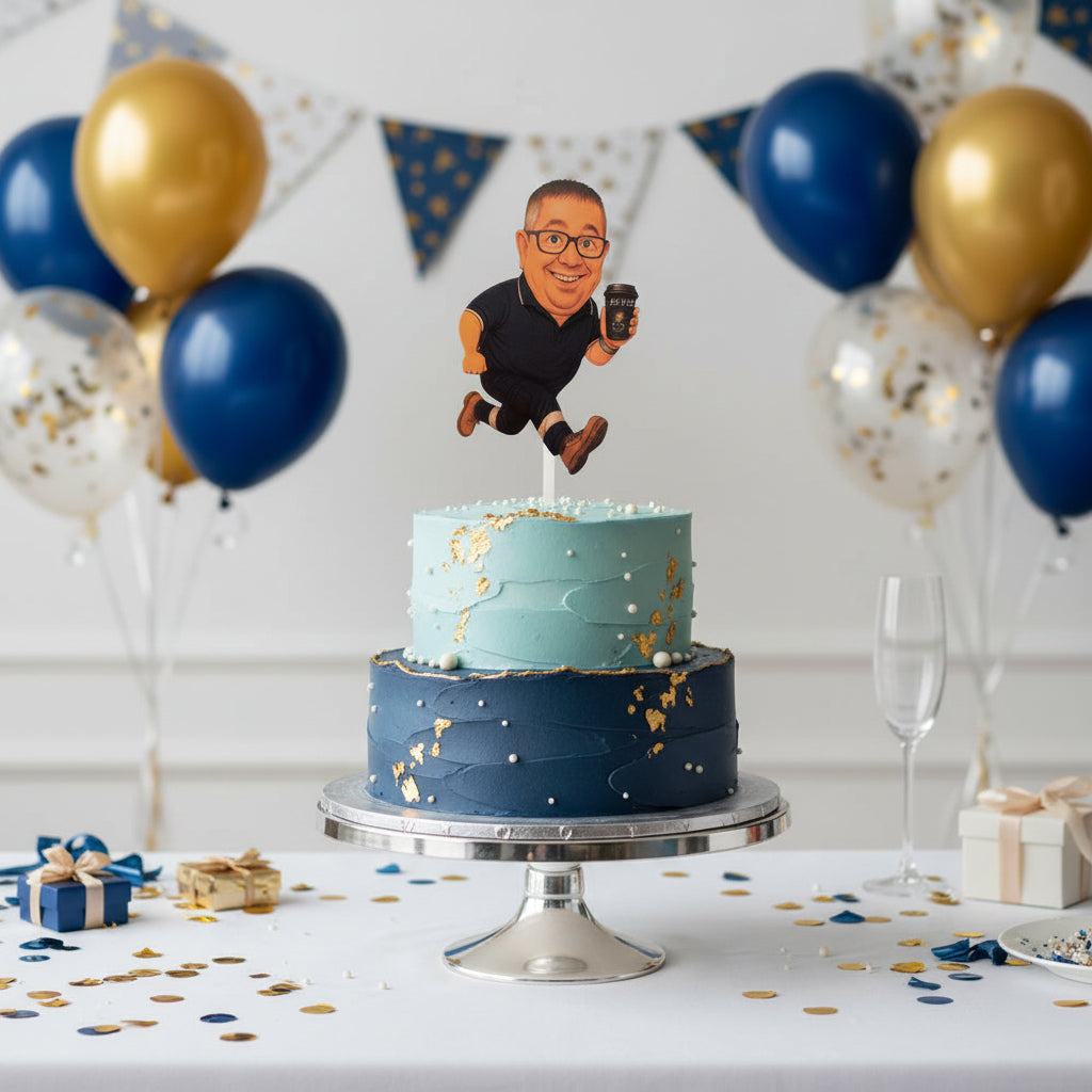 Cartoon-like illustration of a man holding a coffee cup against a plain background