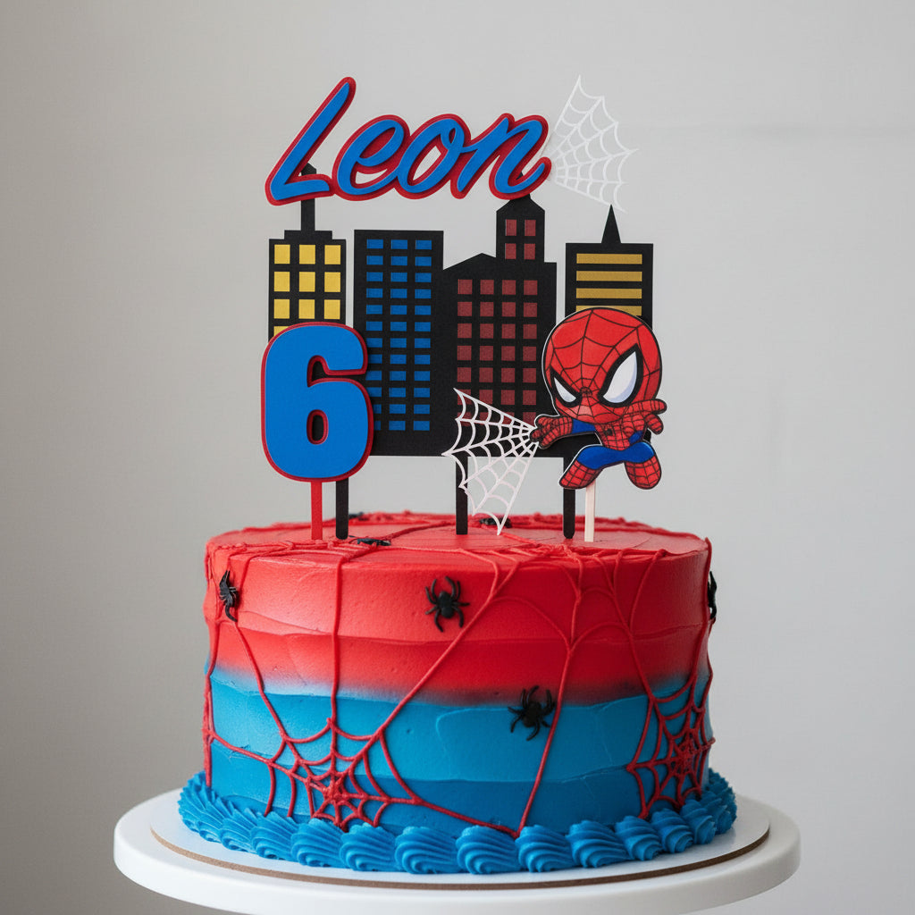 Chibi Web-Slinger Superhero Cake Topper Set (3 Pieces) – Custom Name & Age