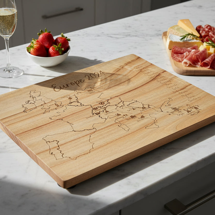 Wooden map of Europe with 'Europe 2024' engraved on it, placed on a white surface.
