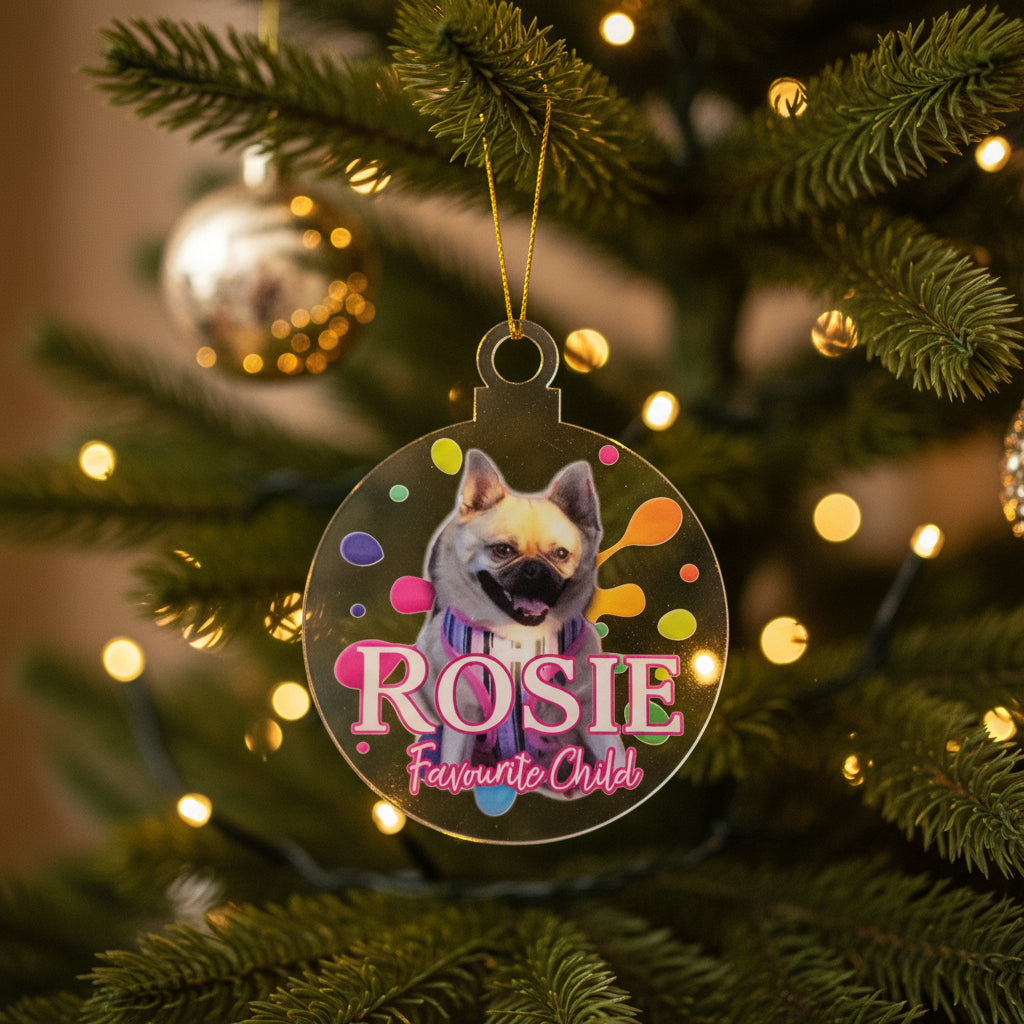 Circular keychain with a dog's face and colorful design, featuring the name 'Rosie'.