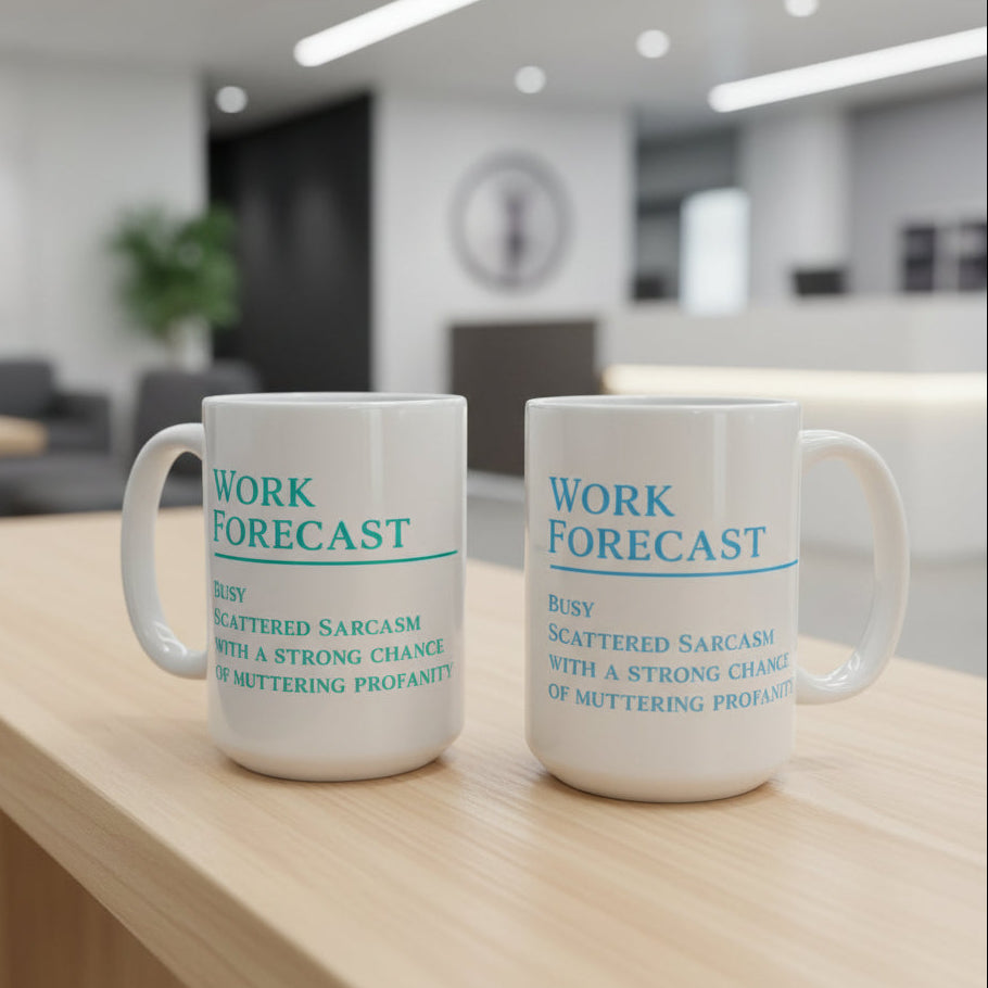Two mugs with 'Work Forecast' text on a wooden table in an office setting