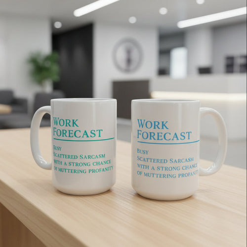 Two mugs with 'Work Forecast' text on a wooden table in an office setting
