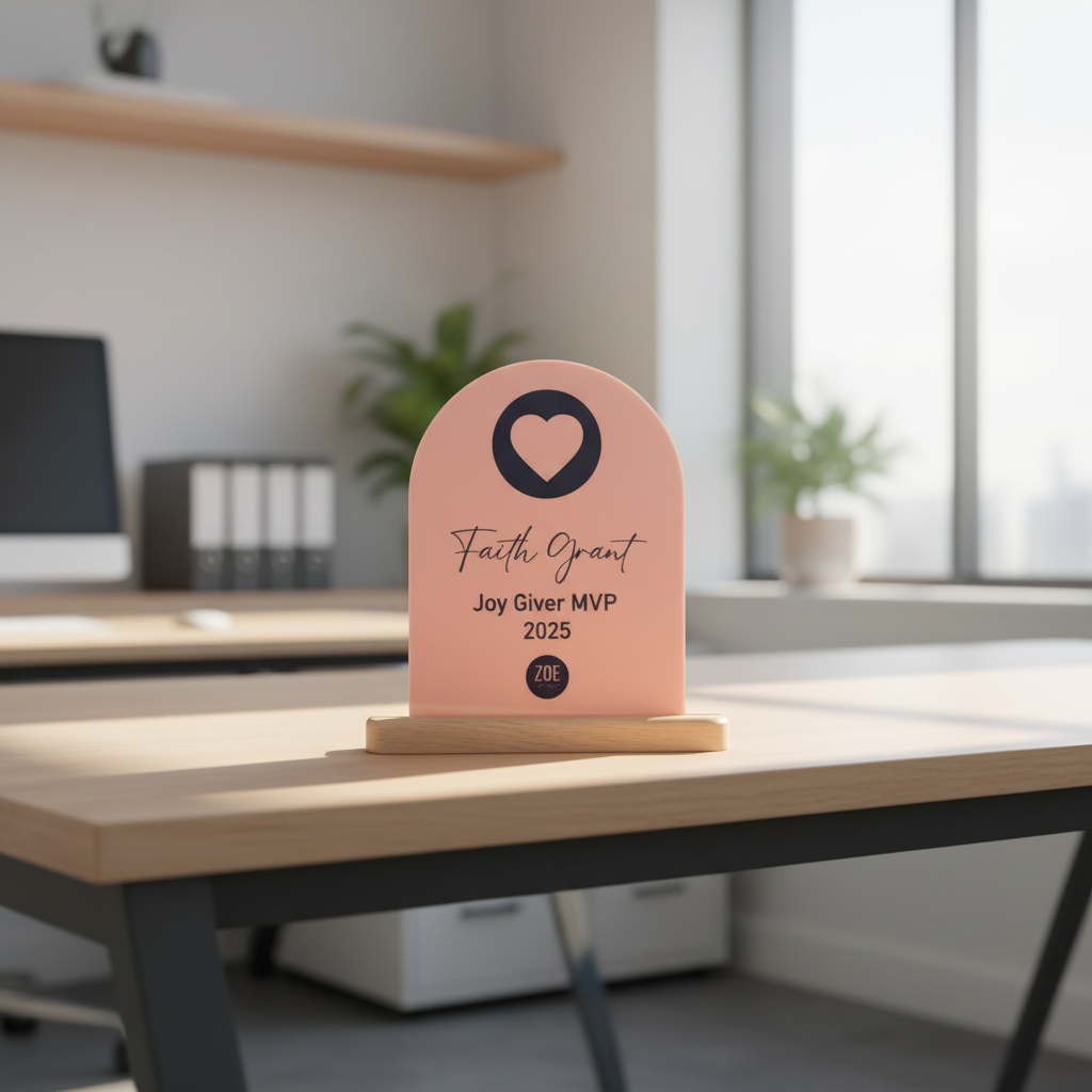 Set of pink awards with engraved names on a white background