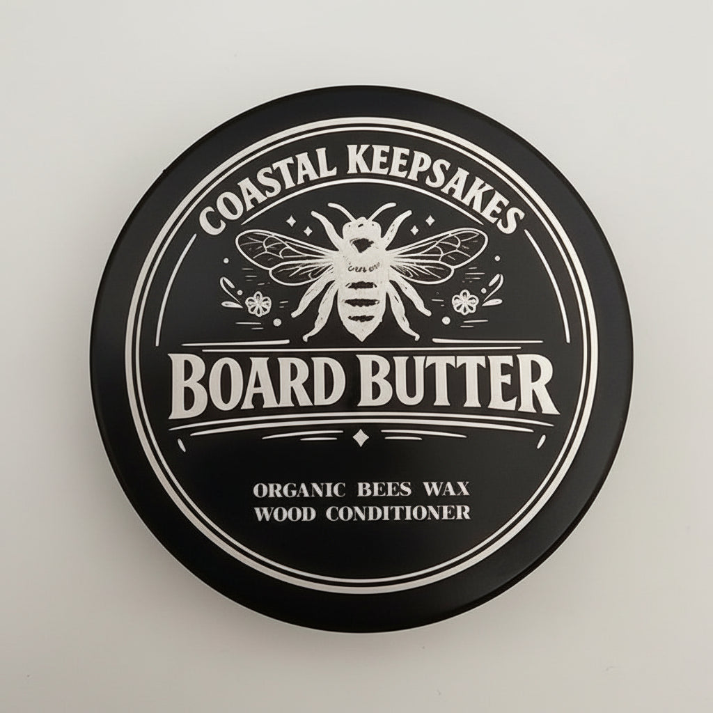 Black container of Board Butter wood conditioner on a light gray background