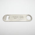 Metal bottle opener with 'Thank you from Coastal Keepsakes' engraving on a white background