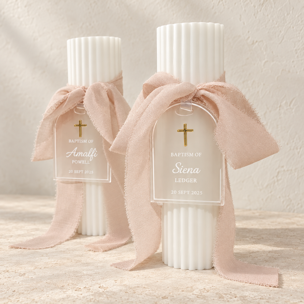 Personalised Baptism Candle with Acrylic Tag & Raised Mirror Cross
