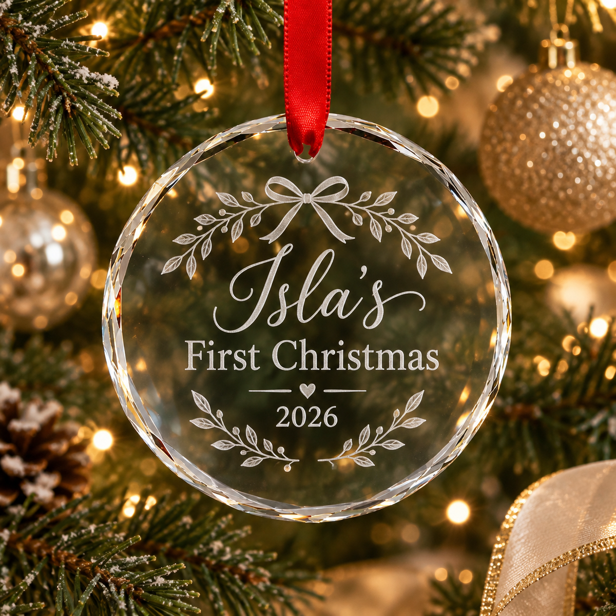 A personalized clear glass Christmas ornament hanging on a decorated Christmas tree. The round ornament features white engraved text reading 'Isla's First Christmas 2026' with leafy flourishes, suspended from a red ribbon.