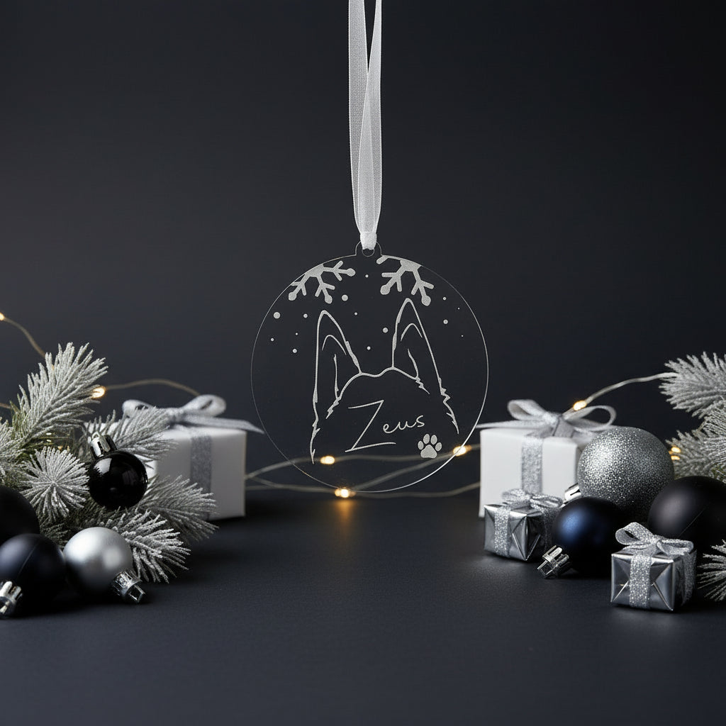 Decorative mat with a dog illustration, surrounded by Christmas ornaments and lights.