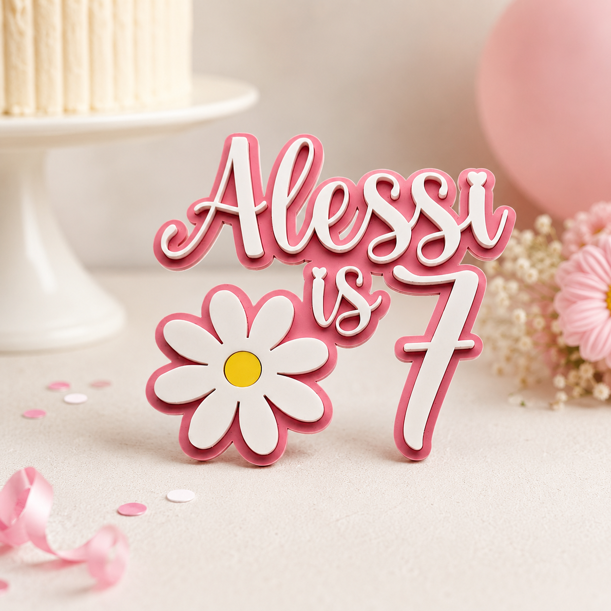Personalised Daisy Cake Fropper – Name & Age Side Cake Topper