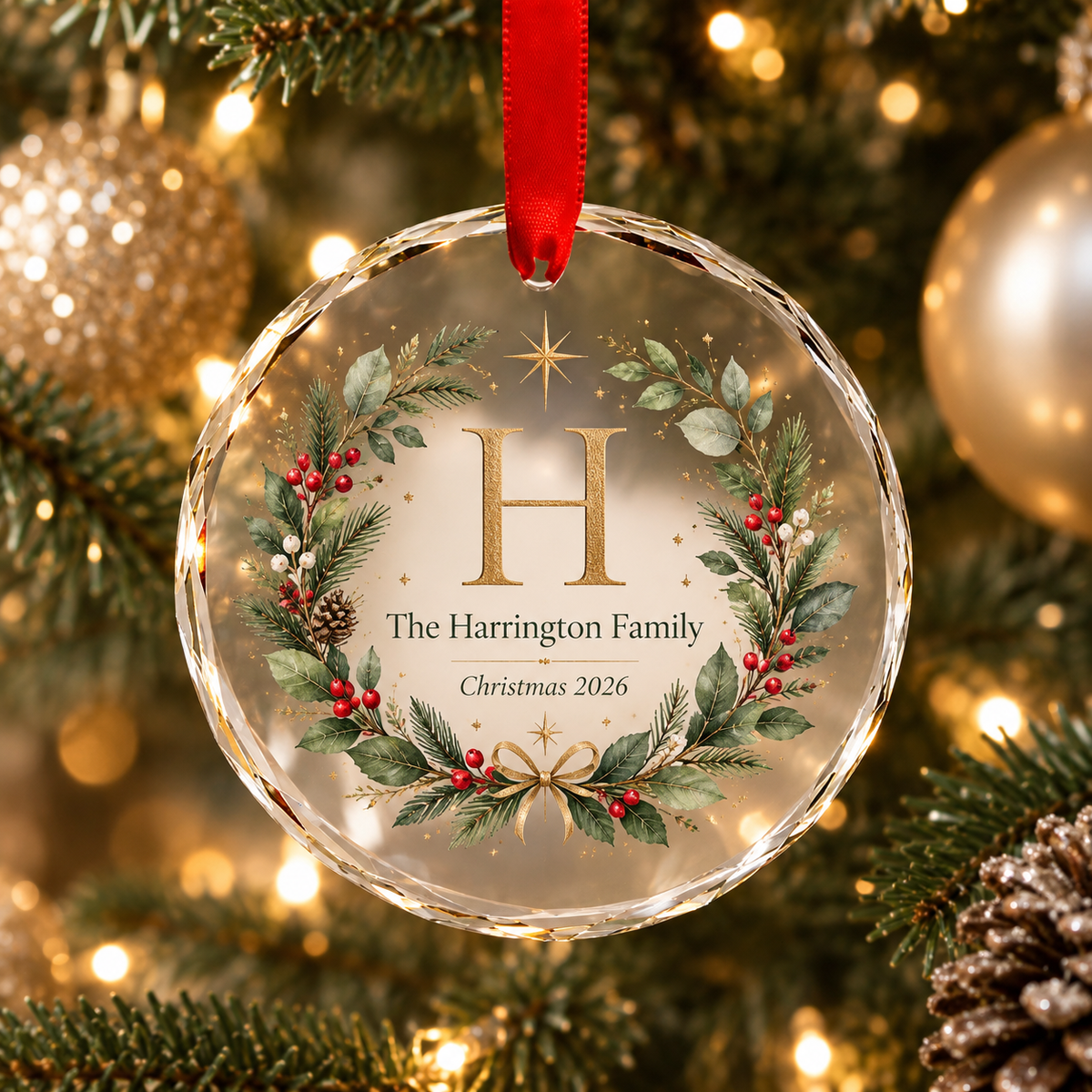 A personalized clear glass Christmas ornament hanging from a red ribbon on a decorated Christmas tree. The ornament features a printed gold monogram letter H, the text 'The Harrington Family', and 'Christmas 2026' surrounded by a green holly and berry wreath design.
