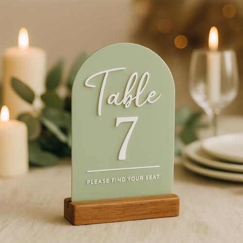 Acrylic Wedding Table Number Sign – Arched with Timber Base