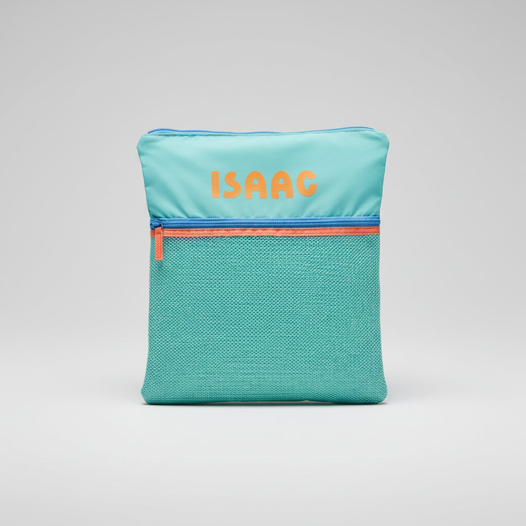 Teal mesh bag with orange zipper and 'ISAAC' text on a beige background