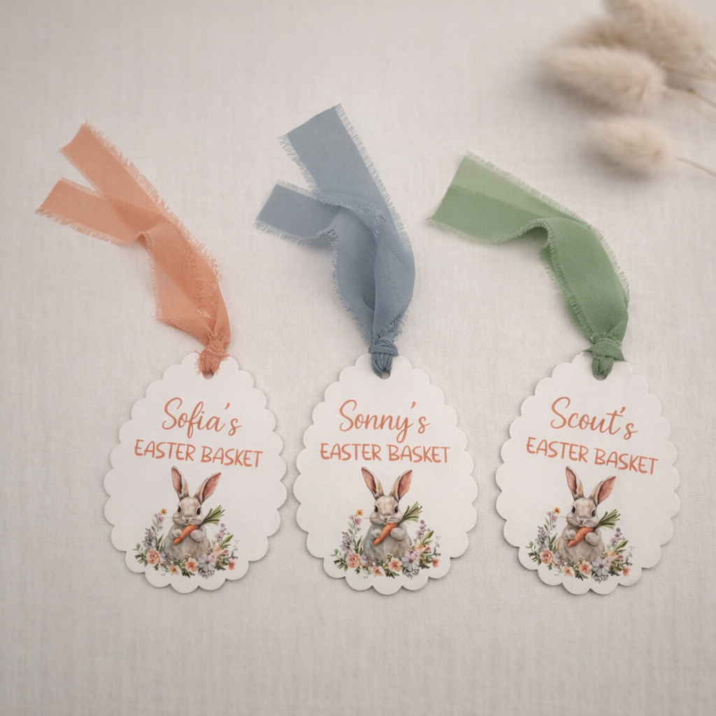 Three Easter basket tags with personalized names and bunny illustrations on a neutral background.