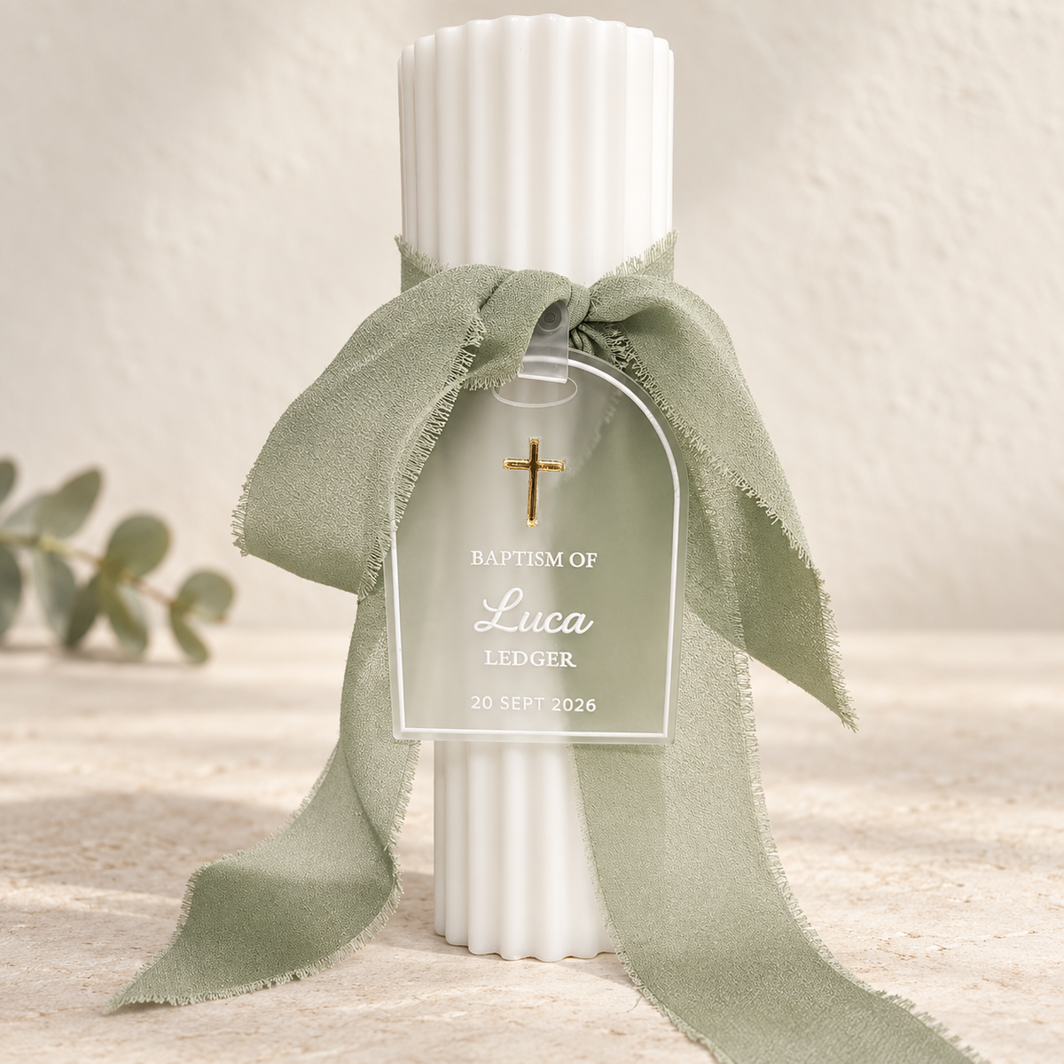Personalised Baptism Candle with Acrylic Tag & Raised Mirror Cross