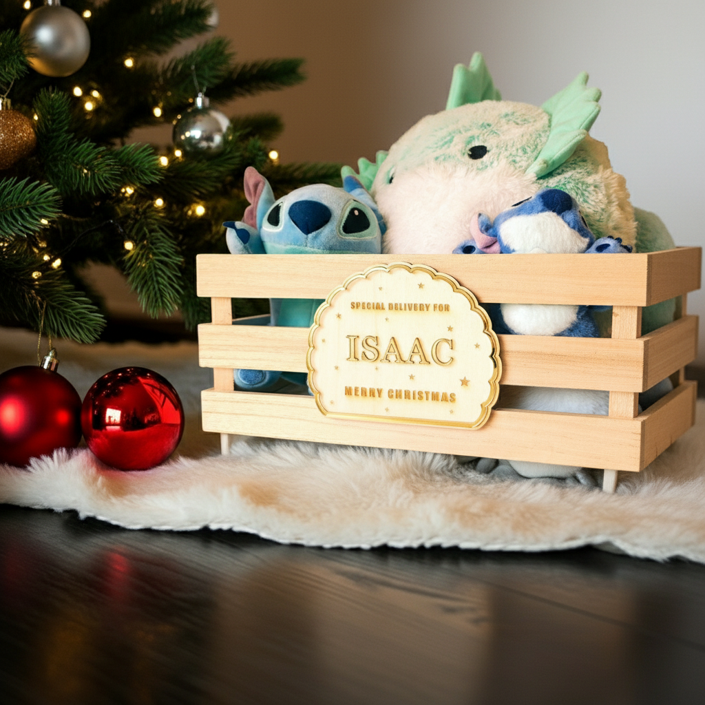 wooden christmas crate with a personalized tag next to Christmas decorations.