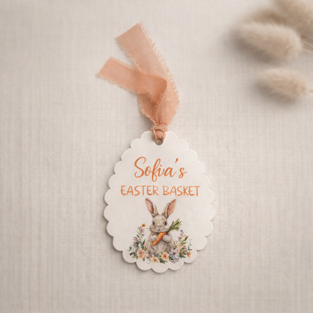 Easter basket tag with bunny design and ribbon on a textured background