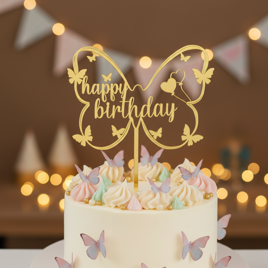 Gold 'Happy Birthday' butterfly cake topper on a decorated cake with a warm glow.