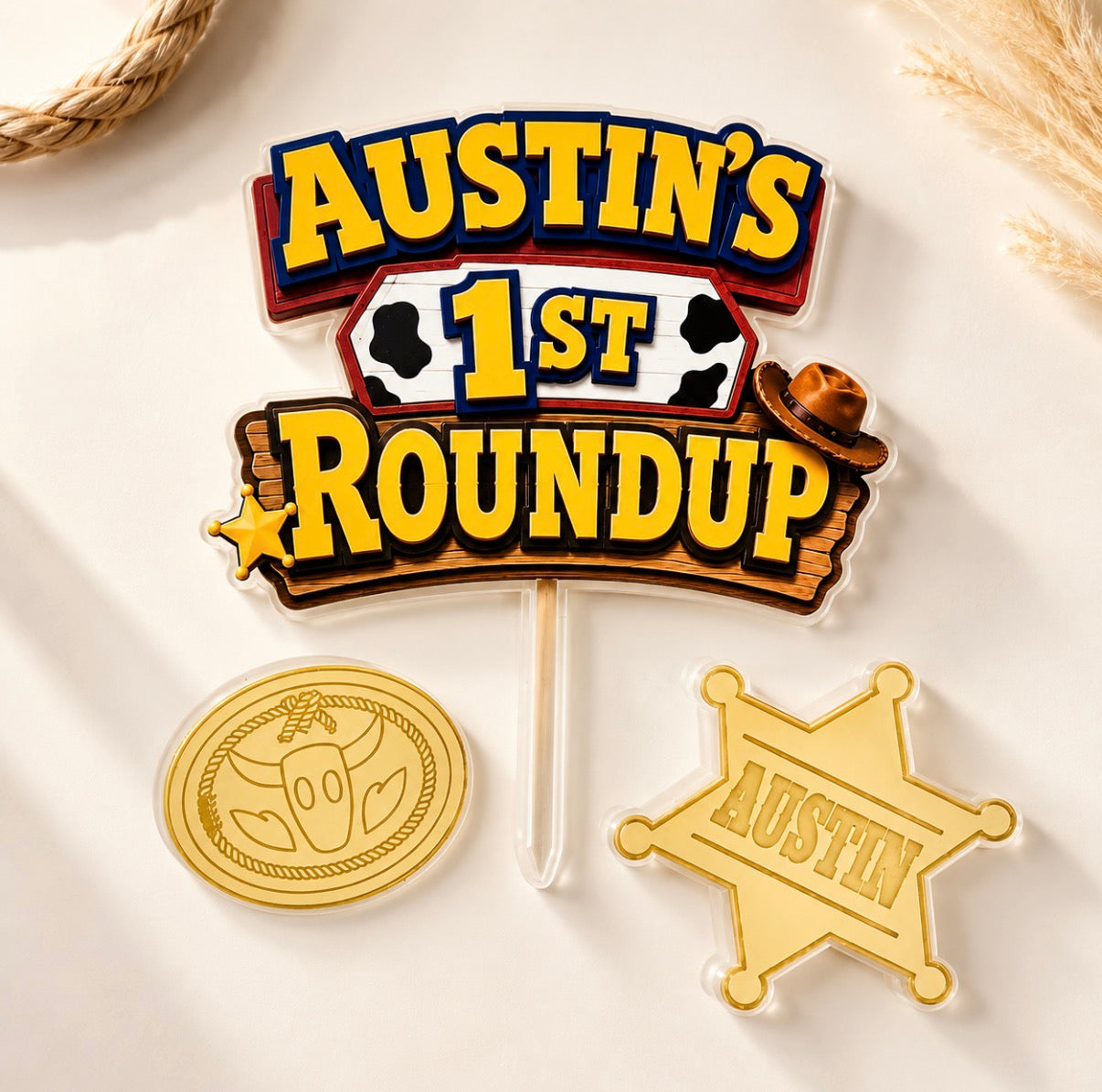 Personalised Cowboy or Cowgirl 3 Piece Cake Topper Set