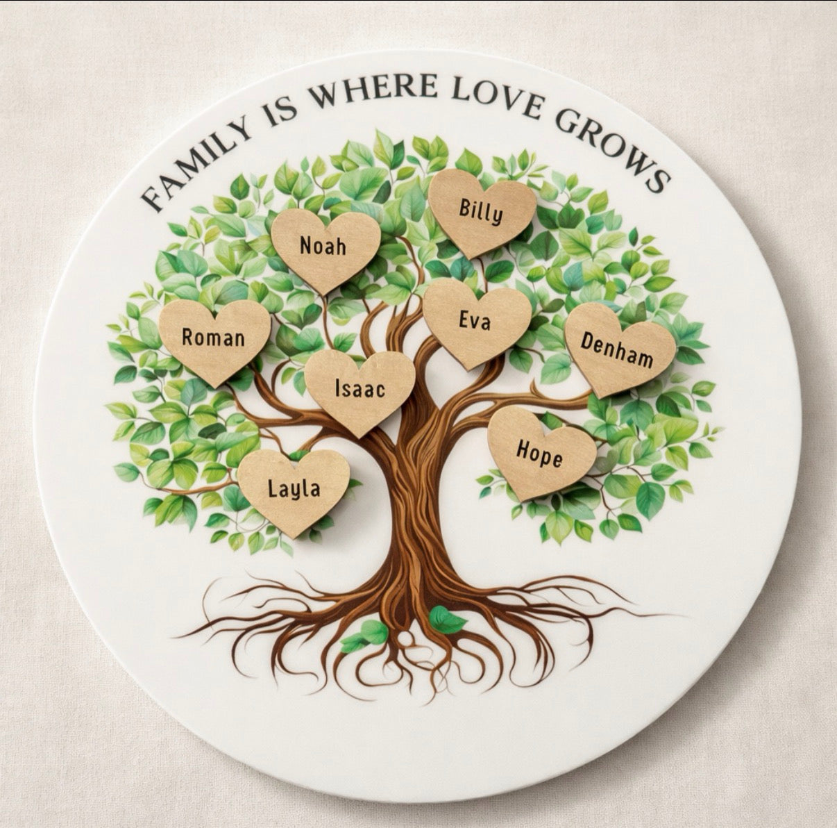 Personalised Family Tree Plaque with Wooden Heart Names