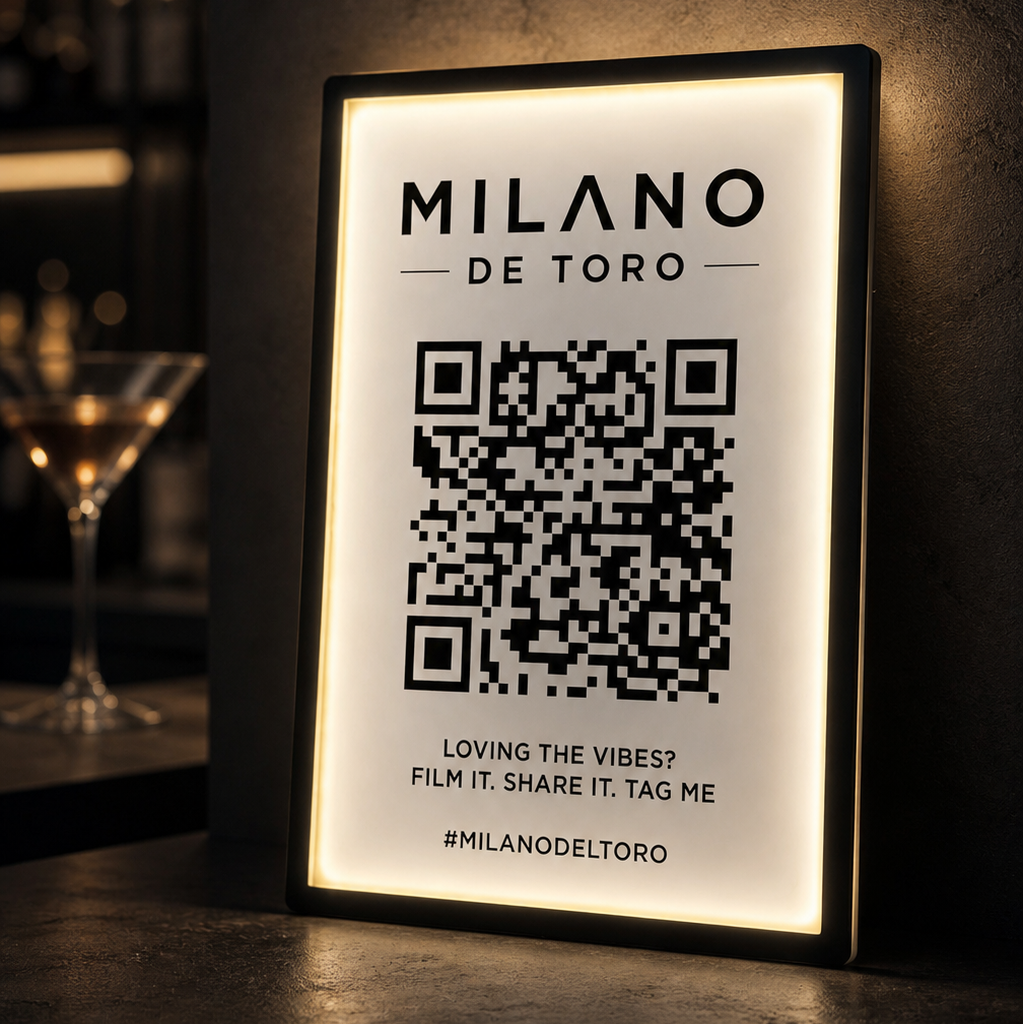Framed sign with QR code and 'Milano de Toro' branding on a bar counter.