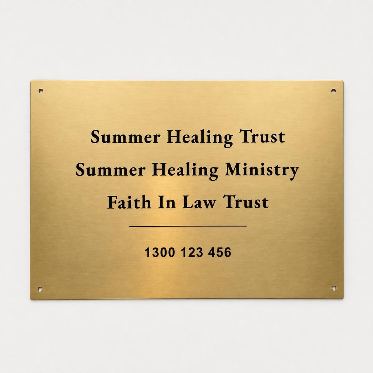 Gold plaque with text for Summer Healing Trust and related organizations on a white background