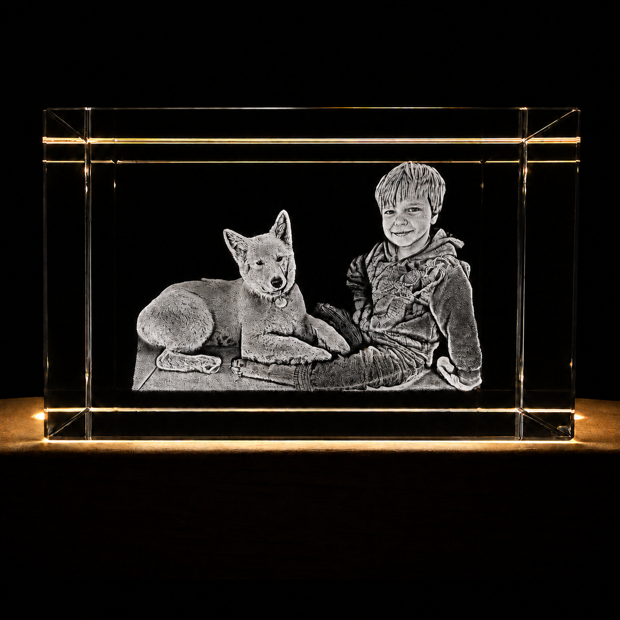 Clear crystal block with engraved image of a boy and dog on a black background
