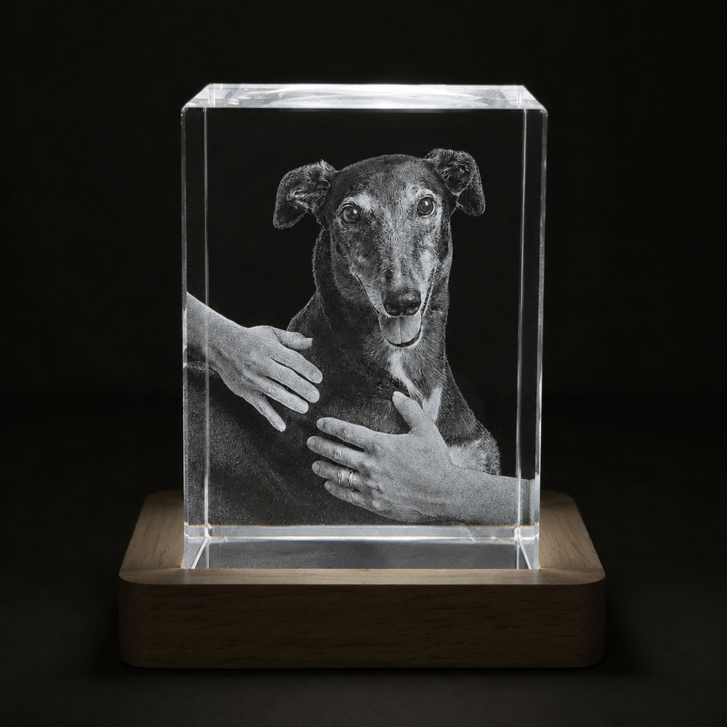 Clear rectangular crystal with engraved image of a dog being petted on a wooden base against a black background