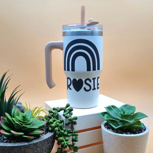Custom Name Tumbler – Personalised Rainbow Travel Cup with Handle & Straw