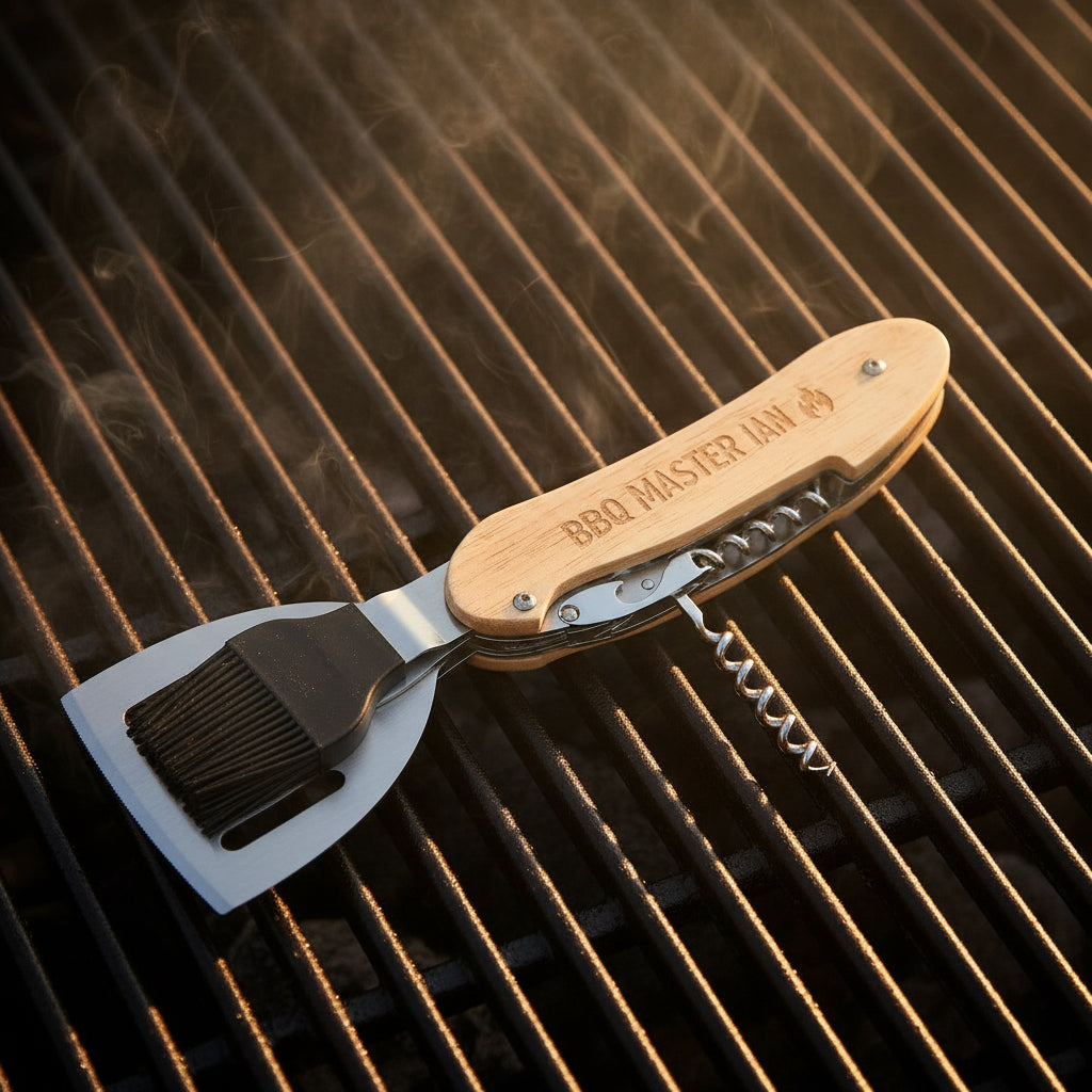Barbecue brush with wooden handle and engraved text on a light gray background