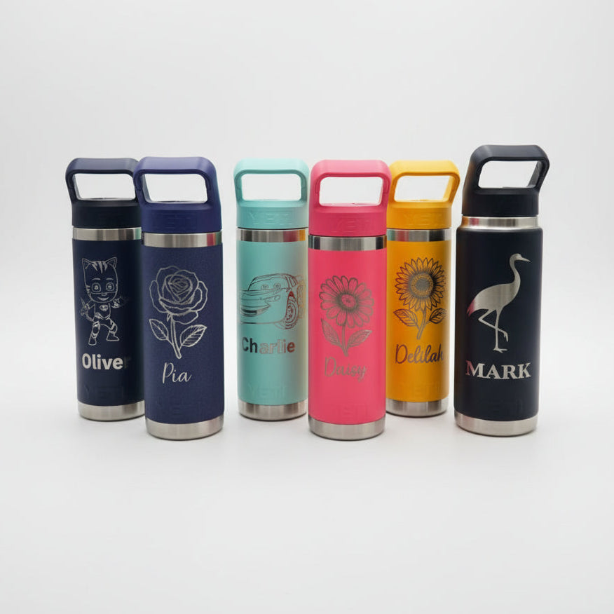 Set of five insulated water bottles with personalized designs and names on a white background