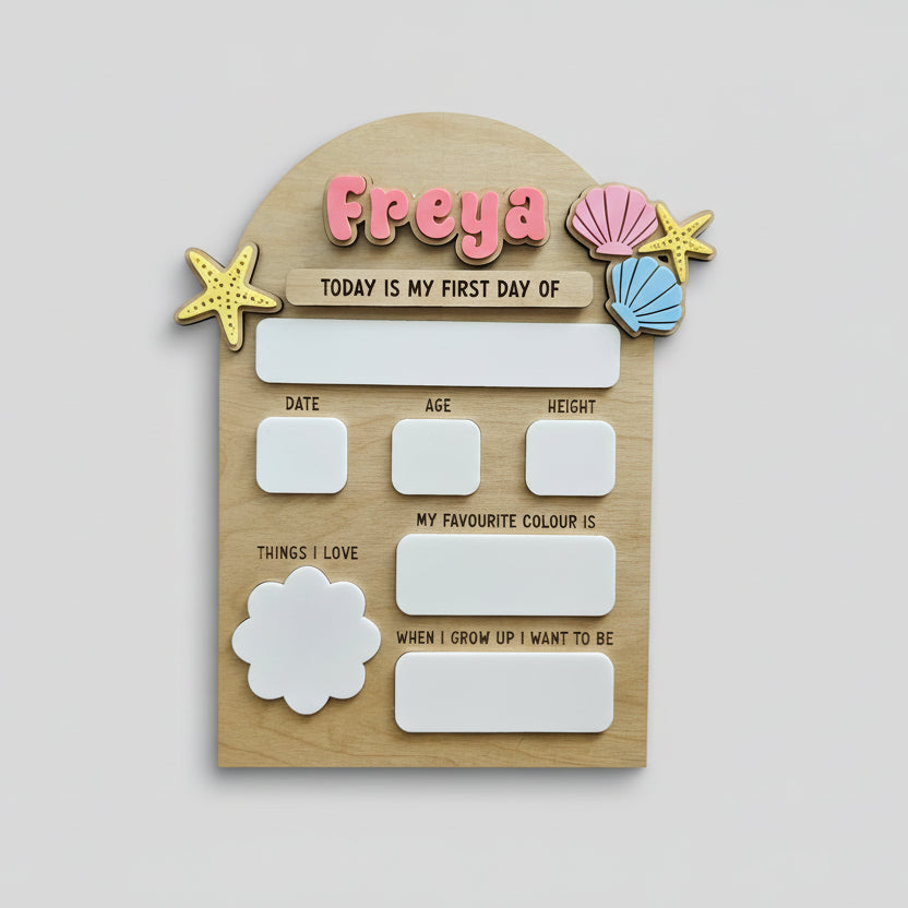 Wooden plaque with 'Freya' and decorative elements on a textured surface