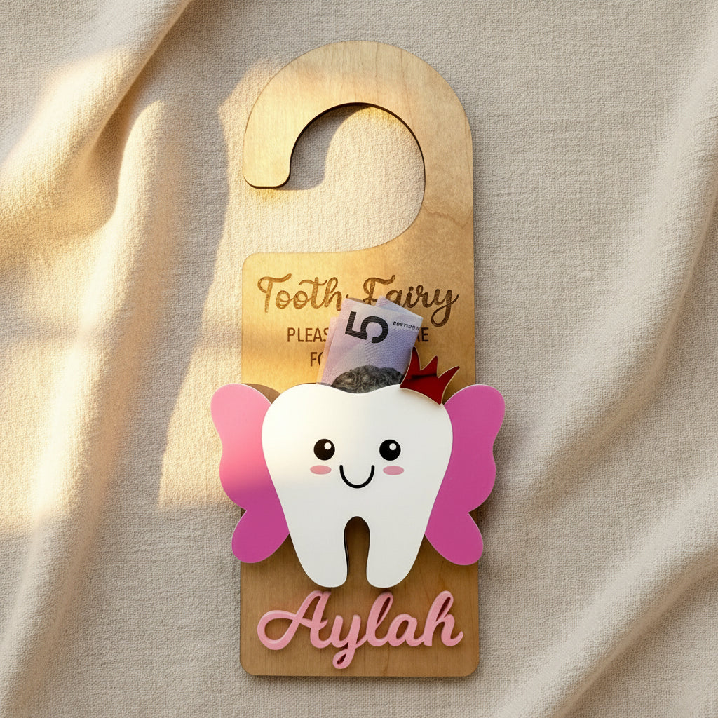 Personalised Tooth Fairy Door Hanger – Wooden Keepsake with Note Slot