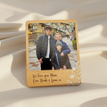 Wooden photo plaque with a family photo and engraved message on a white background