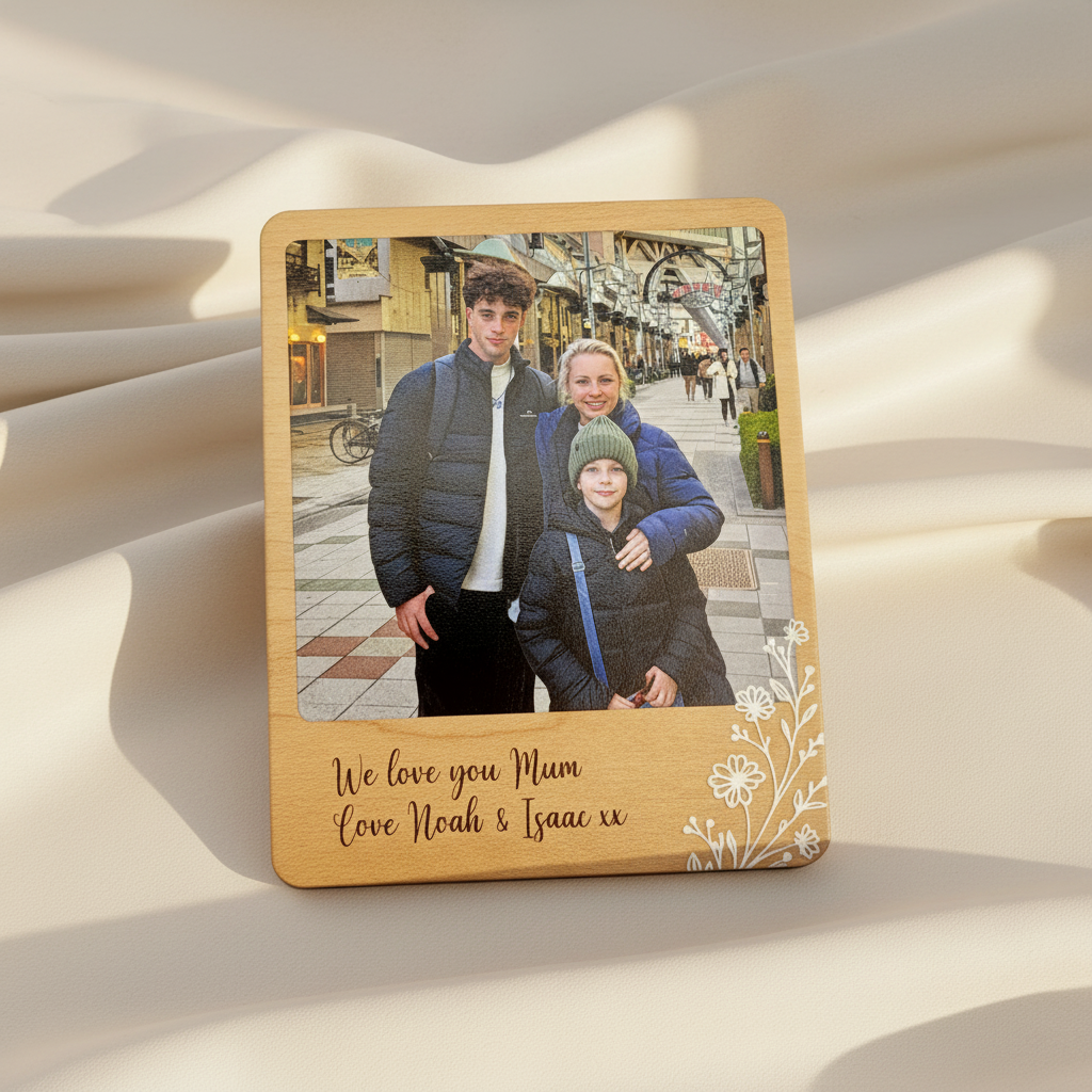 Wooden photo plaque with a family photo and engraved message on a white background